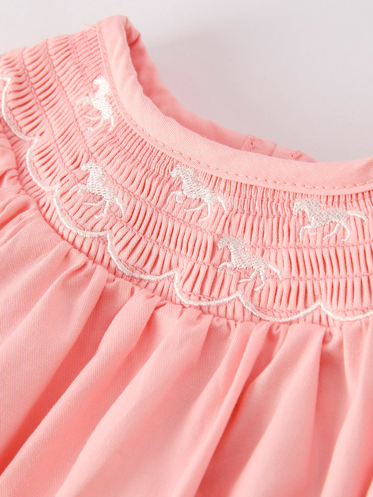 Girls Horse Smocking Embroidered Coral Romper