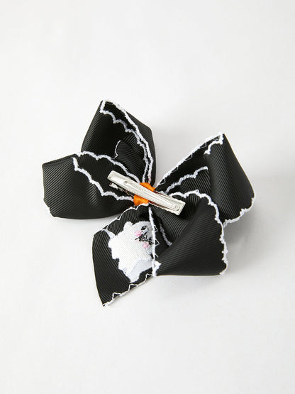 Halloween Ghost Embroidered Black Bow Hairpin