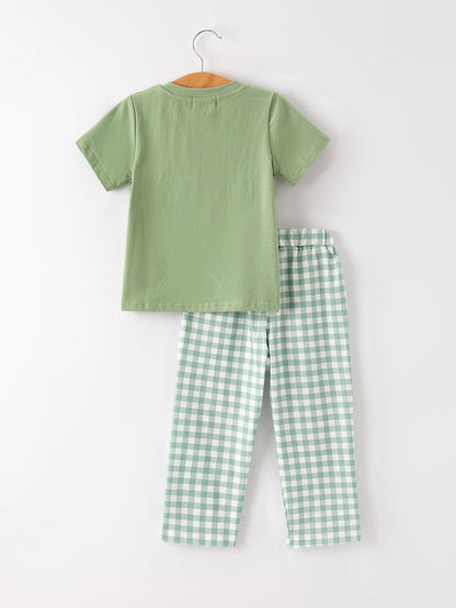 Fall Thanksgiving Turkey Smock Embroidered Green Plaid Boys 'Set