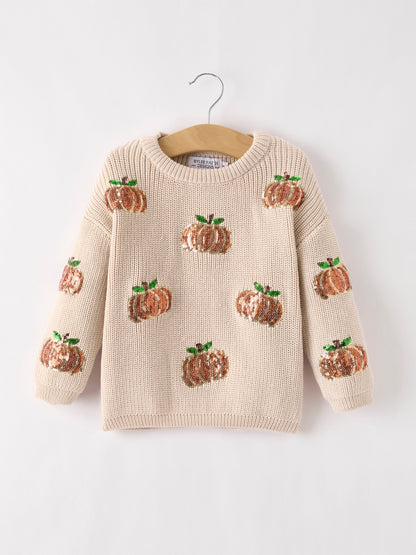 Thanksgiving Pumpkin Sequin Sweater – Beige, Perfect for Fall