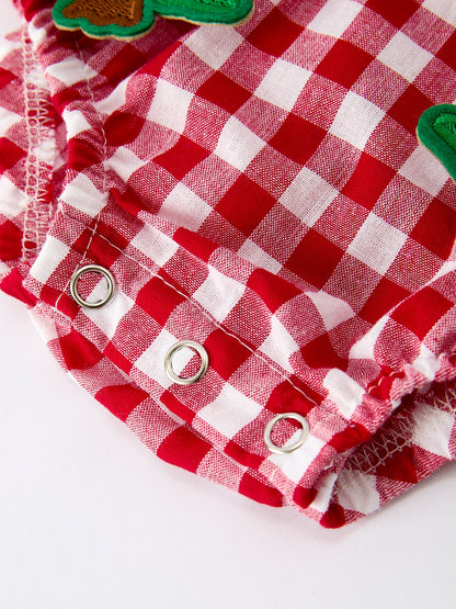 Baby Girls Christmas Outfit – Red Plaid Romper with Tree Bow Accents
