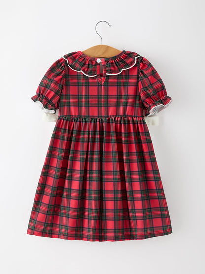 Christmas Girls Plaid Puppy Smocked Ruffle Collar Dress