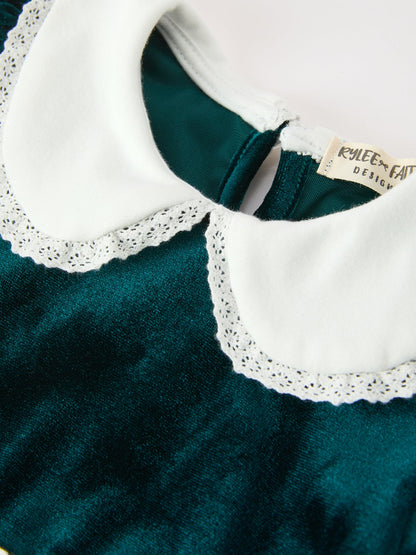 Girls Emerald Green Velvet Lace Collar Christmas Dress