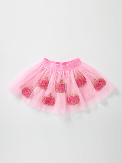 Fall Girls Pink Pumpkin Appliqué Tulle Skirt