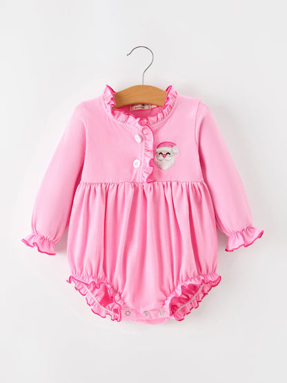 Baby Girls Christmas Santa Embroidered Ruffle Bubble Romper