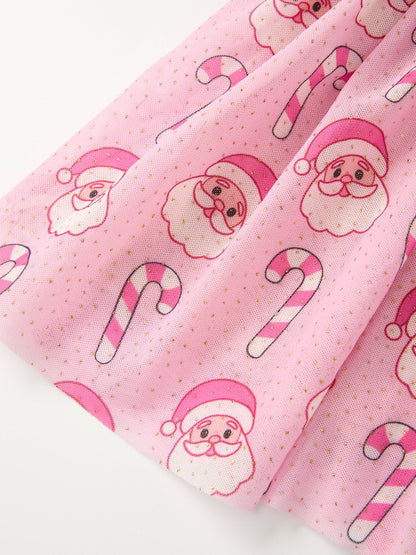 Girls Pink Christmas Santa Candy Cane Print Tutu Skirt