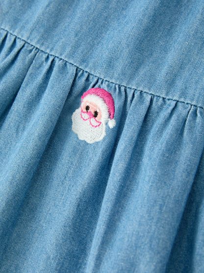 Christmas Santa Embroidered Girls Denim Dress