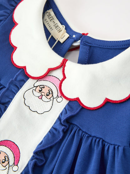 Christmas Santa Embroidery Blue Petal Collar Dress