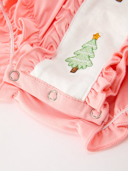 Christmas Baby Girls Pink Christmas Tree Embroidered Ruffle Romper