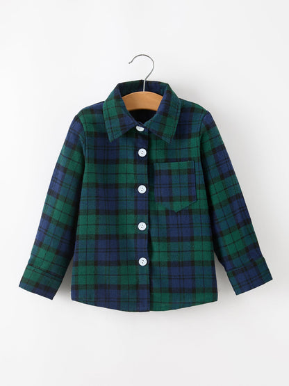 Christmas Boys Green & Navy Plaid Button Down Shirt