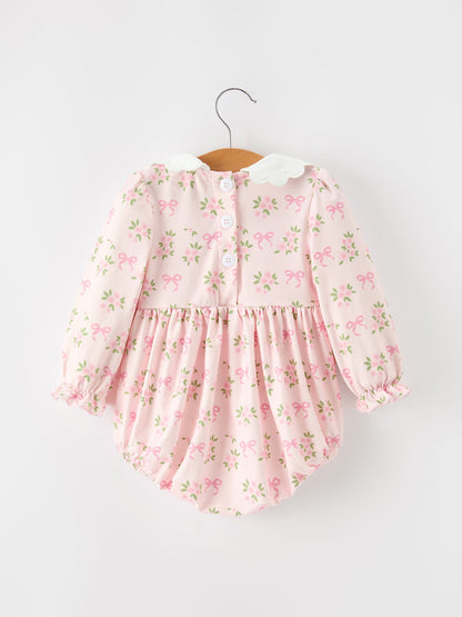 FALL Baby Girls Pink Floral Embroidered Collar Smocked Romper