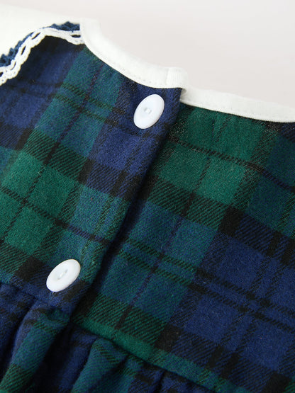 Christmas Girls Green & Navy Plaid Embroidered Collar Dress