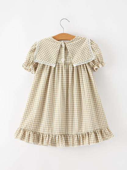 Fall Girls Khaki Plaid Floral Embroidered Dress