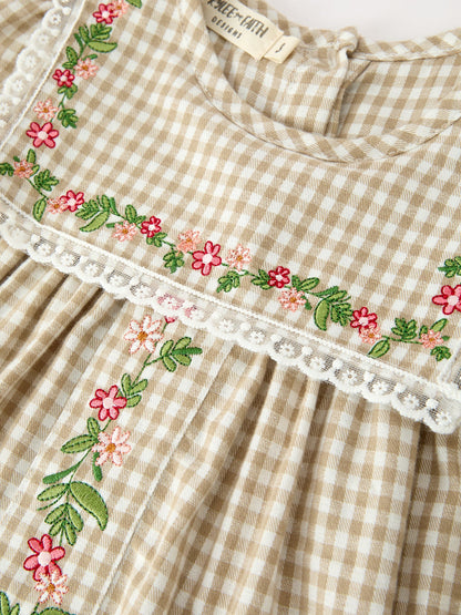 Fall Girls Khaki Plaid Floral Embroidered Dress