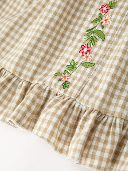 Fall Girls Khaki Plaid Floral Embroidered Dress