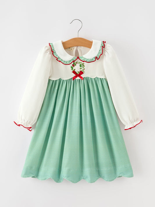 Girls Christmas Green Plaid Embroidered Long Sleeve Dress