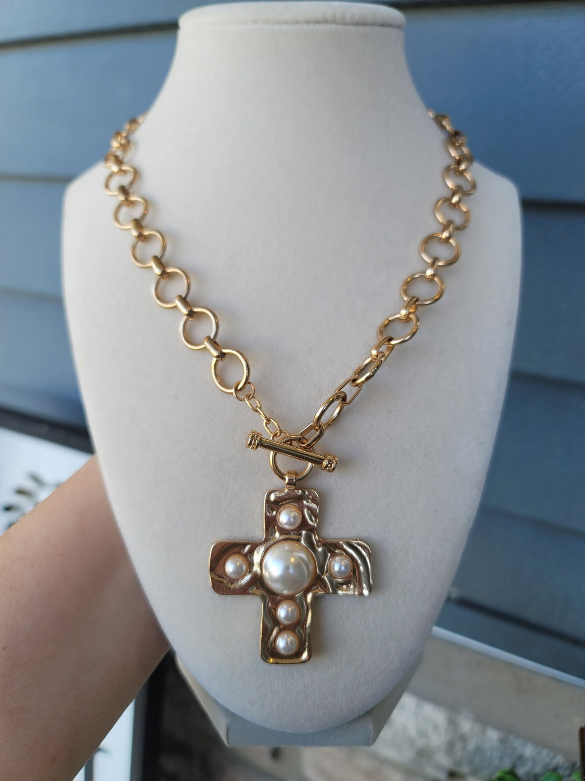 Divine Grace Waterproof Pearl Cross Necklace Gold