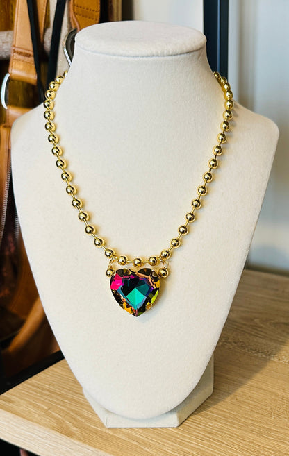 Crystal Heart Gold Bead Necklace-5 Colors