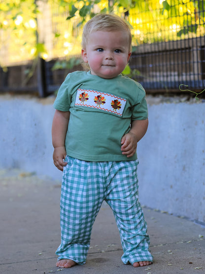 Fall Thanksgiving Turkey Smock Embroidered Green Plaid Boys 'Set