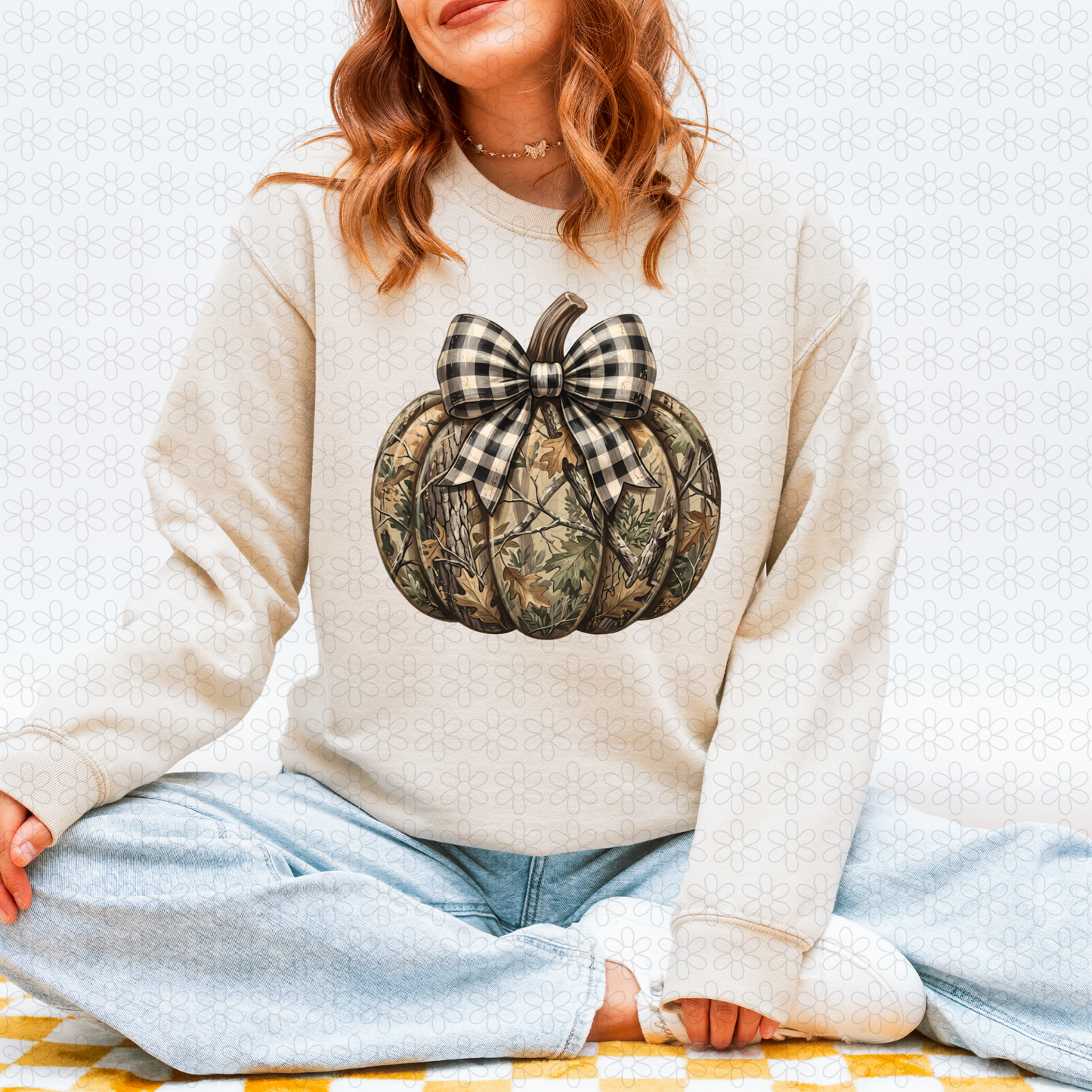 Camo pumpkin with plaid bow