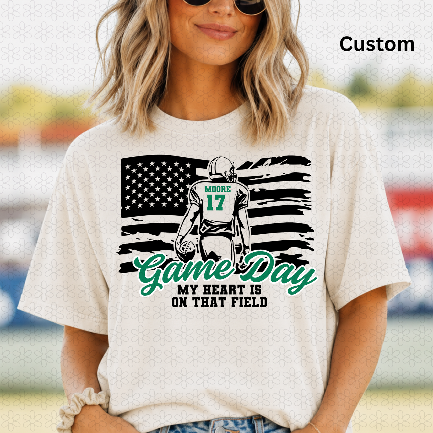CUSTOM FOOTBALL FLAG SINGLE PLAYER (Choose name, number and color of colored font)