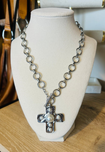 Divine Grace Waterproof Pearl Cross Necklace Silver