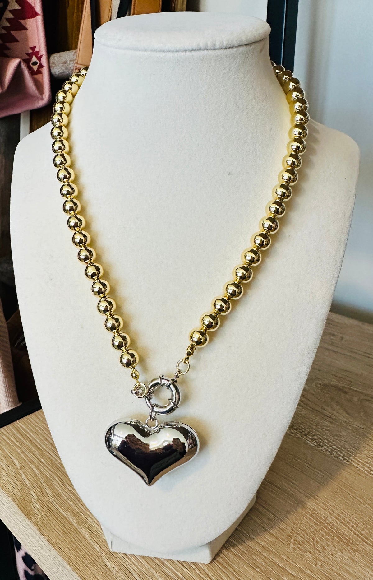 Gold Bead Silver Heart Necklace