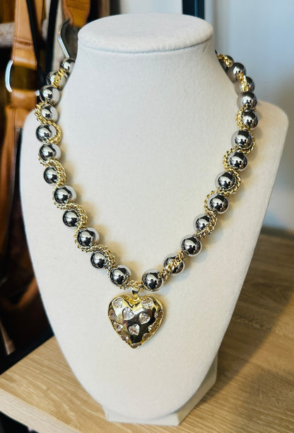 Golden Devotion Mixed Metal Heart Necklace- Gold Heart Combo