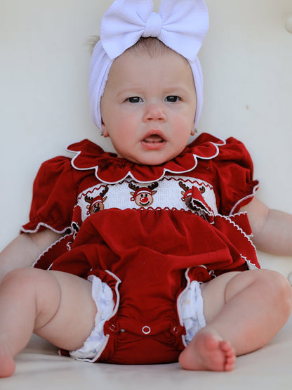 Baby Girls Christmas Reindeer Smocked Bubble Romper