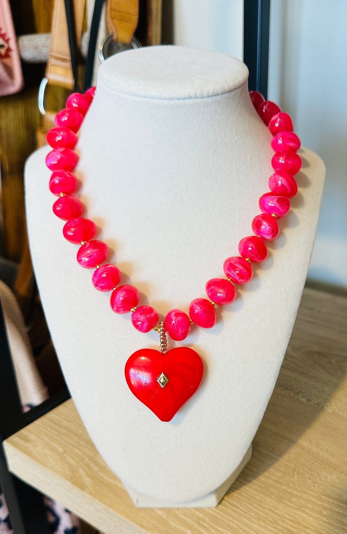 Heart on Fire Hot Pink Beaded Heart Necklace | Statement Jewelry