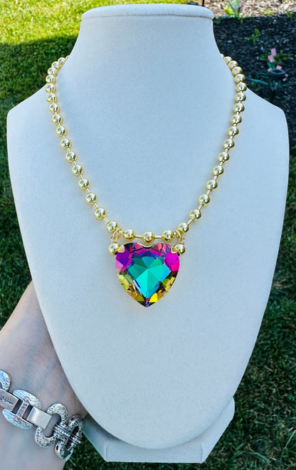 Crystal Heart Gold Bead Necklace-5 Colors