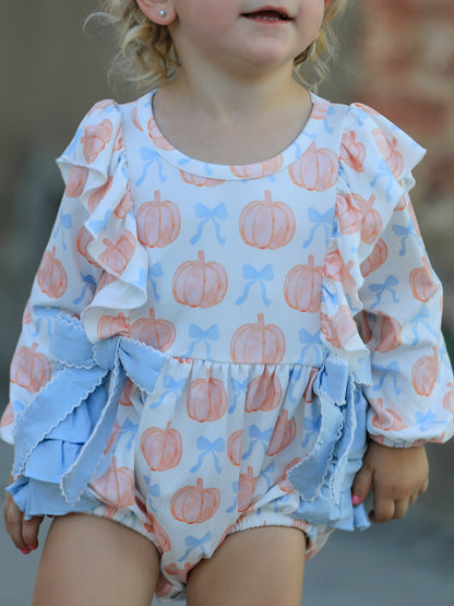 Halloween Thanksgiving Baby Girls Pumpkin Bow Ruffle Bubble Romper