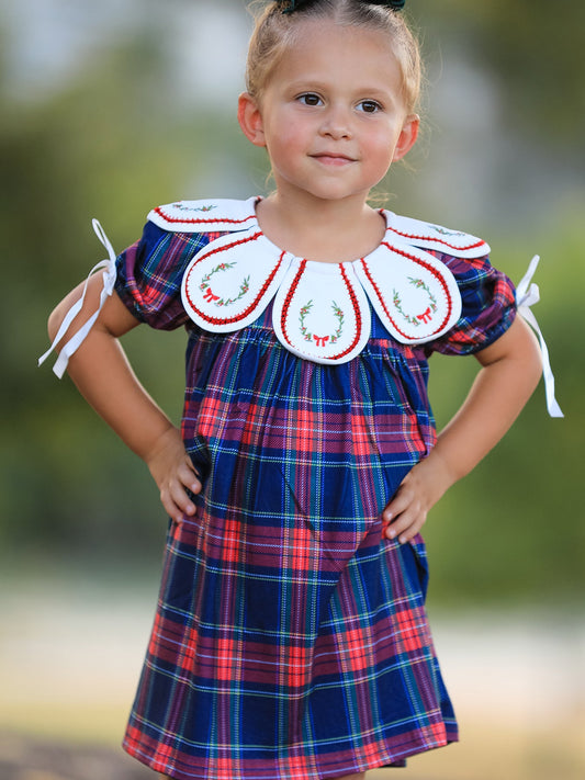 Navy Red Christmas Plaid Wreath Embroidered Girl Dress