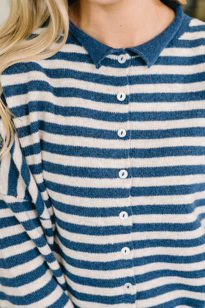 Won't Be Long Collared Sweater Button Down in Navy